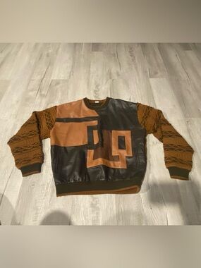 Vilanto Men's Brown and Black Colorblock Leather-Front Crewneck Sweater